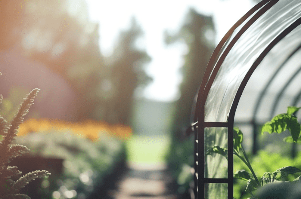 Greenhouse with greenery plants. Agricultural horizontal banner with copy space. 