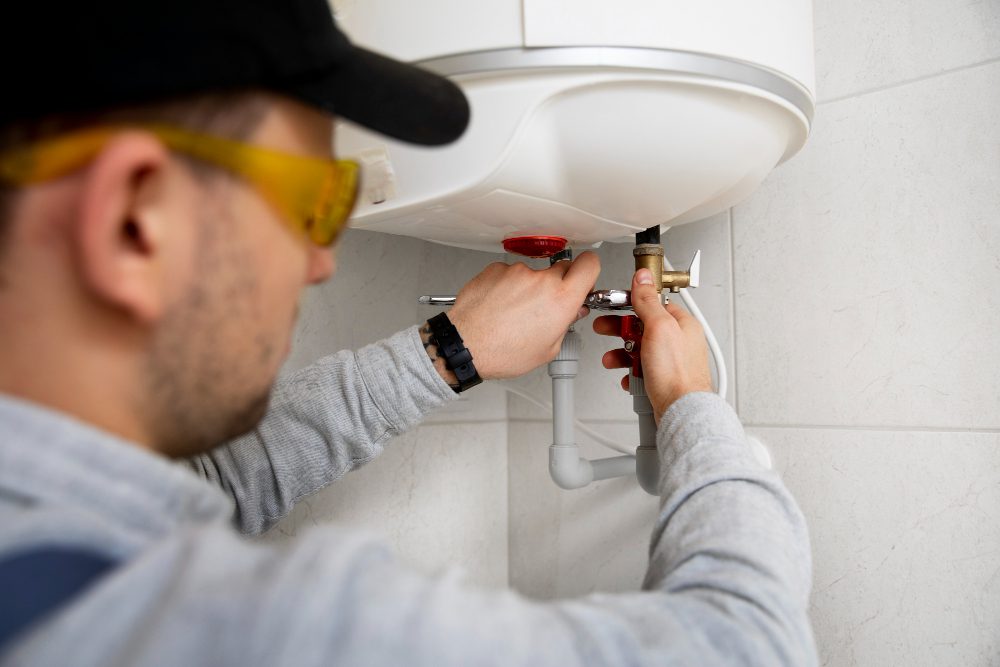 worker repairing water heater